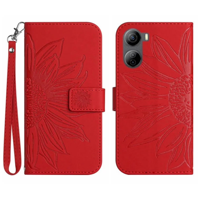 HT04 For ZTE Libero 5G IV Sunflower Series Phone Case Leather Wallet Cover with Hand Strap