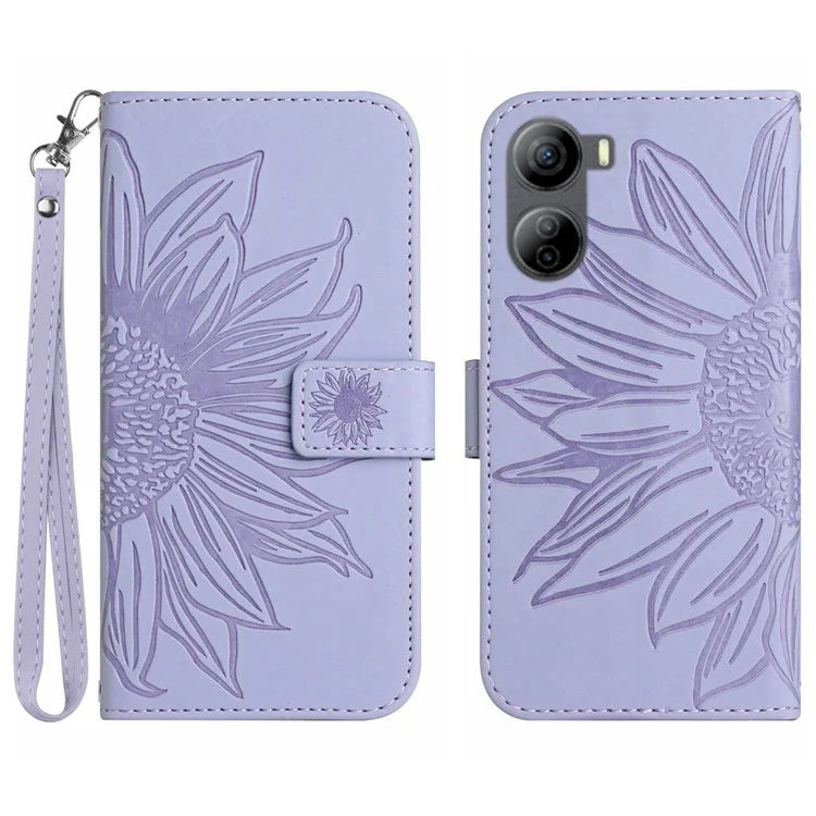 HT04 For ZTE Libero 5G IV Sunflower Series Phone Case Leather Wallet Cover with Hand Strap
