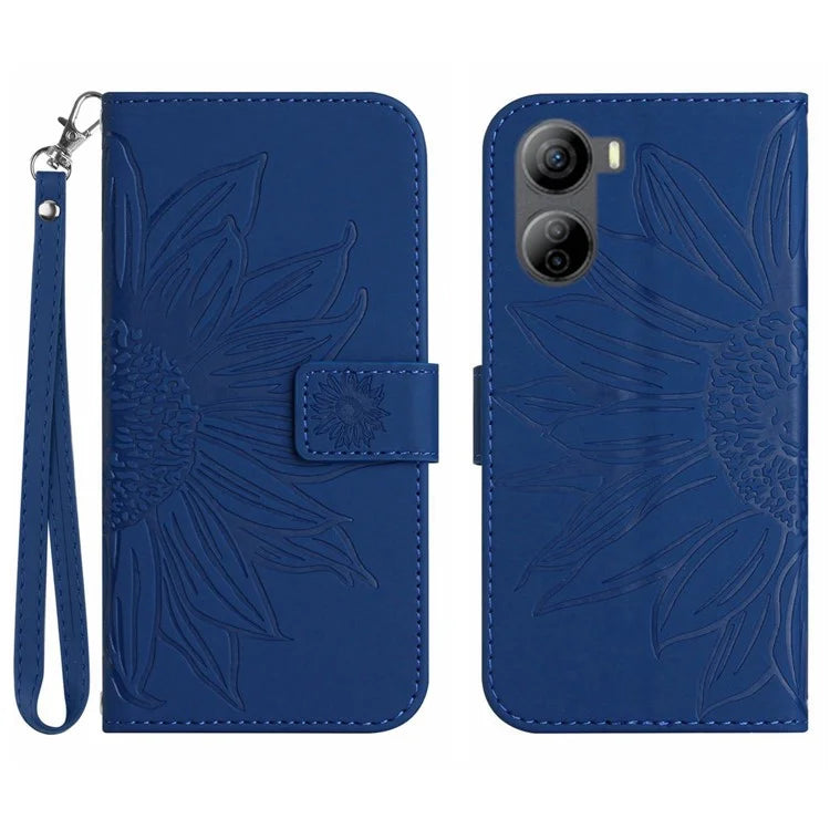 HT04 For ZTE Libero 5G IV Sunflower Series Phone Case Leather Wallet Cover with Hand Strap