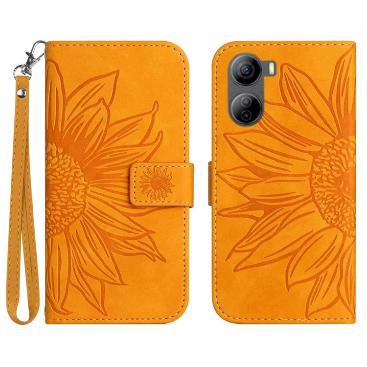 HT04 For ZTE Libero 5G IV Sunflower Series Phone Case Leather Wallet Cover with Hand Strap