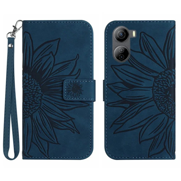 HT04 For ZTE Libero 5G IV Sunflower Series Phone Case Leather Wallet Cover with Hand Strap