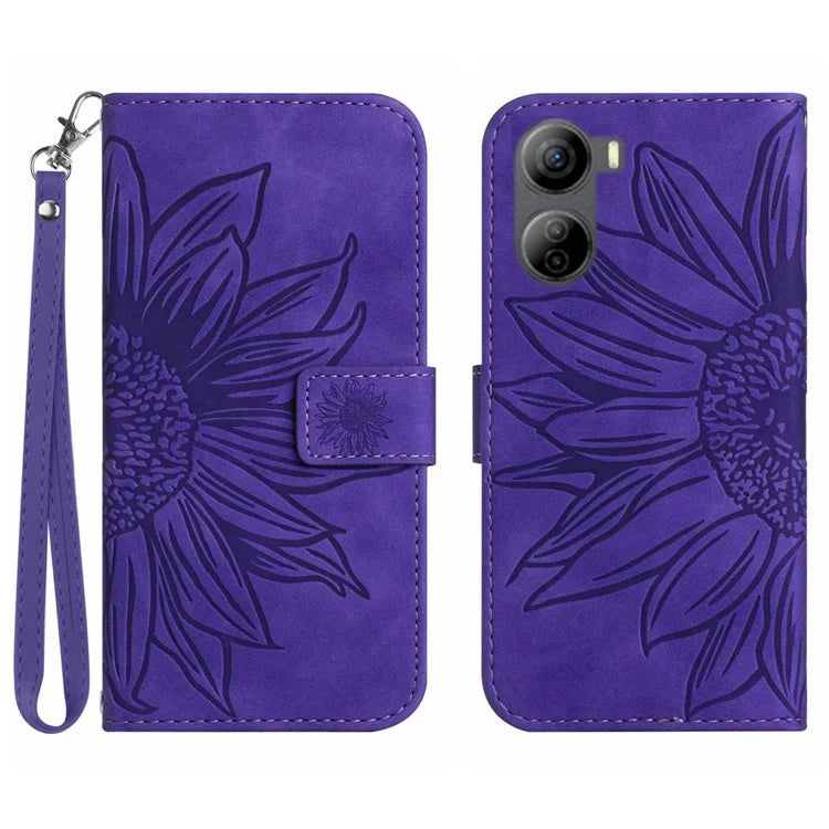 HT04 For ZTE Libero 5G IV Sunflower Series Phone Case Leather Wallet Cover with Hand Strap