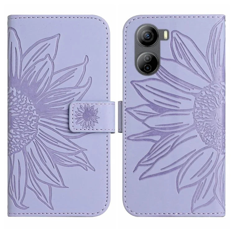 HT04 For ZTE Libero 5G IV Case Sunflower Imprint Phone Wallet Cover with Shoulder Strap