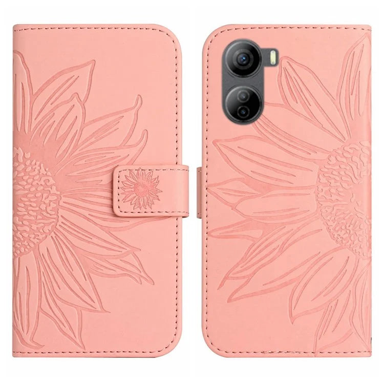 HT04 For ZTE Libero 5G IV Case Sunflower Imprint Phone Wallet Cover with Shoulder Strap