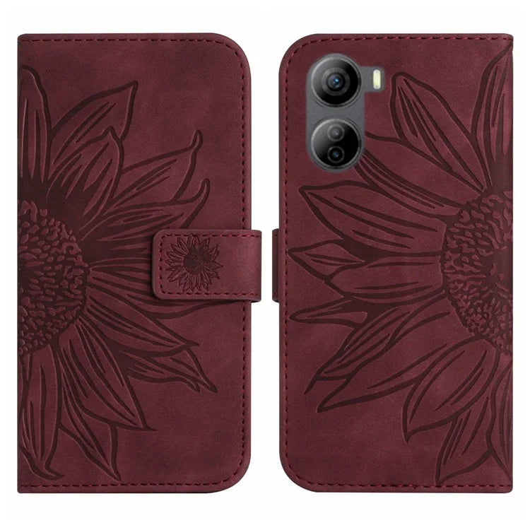 HT04 For ZTE Libero 5G IV Case Sunflower Imprint Phone Wallet Cover with Shoulder Strap