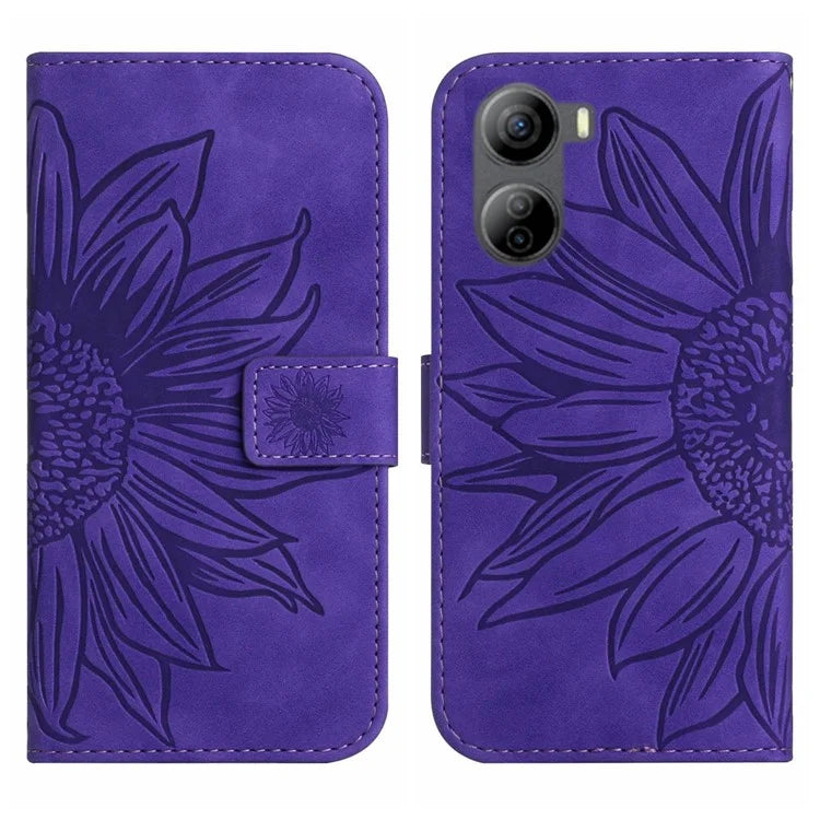 HT04 For ZTE Libero 5G IV Case Sunflower Imprint Phone Wallet Cover with Shoulder Strap