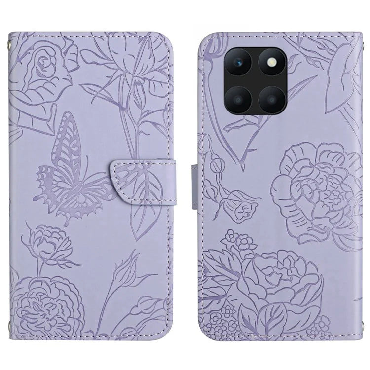 HT03 For Honor X8b 4G Cell Phone Cover Imprinted Leather Card Holder Case with Shoulder Strap