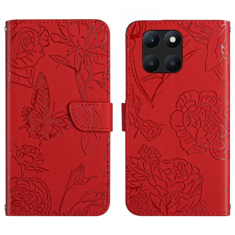 HT03 For Honor X8b 4G Cell Phone Cover Imprinted Leather Card Holder Case with Shoulder Strap