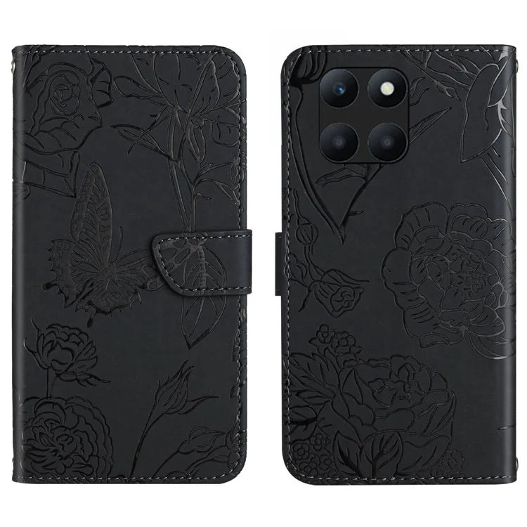 HT03 For Honor X8b 4G Cell Phone Cover Imprinted Leather Card Holder Case with Shoulder Strap
