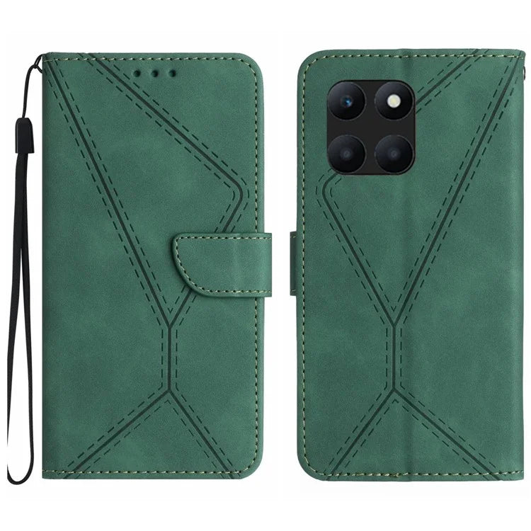 HT05 For Honor X8b 4G Magnetic Phone Case Leather Imprinted Line Cover with Wrist Strap