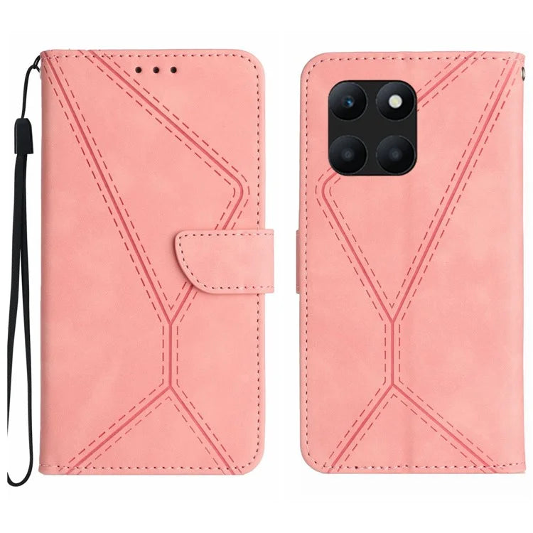 HT05 For Honor X8b 4G Magnetic Phone Case Leather Imprinted Line Cover with Wrist Strap