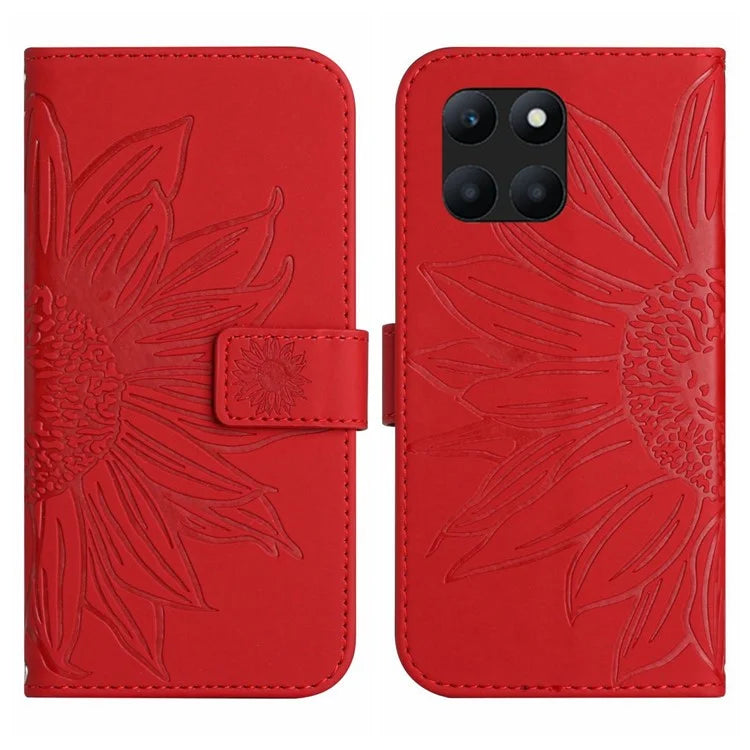 HT04 For Honor X8b 4G Magnetic Phone Case Sunflower Imprint PU Leather Wallet Cover