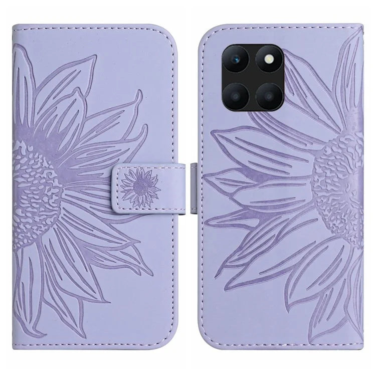 HT04 For Honor X8b 4G Magnetic Phone Case Sunflower Imprint PU Leather Wallet Cover