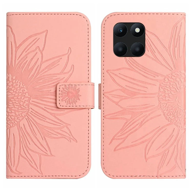 HT04 For Honor X8b 4G Magnetic Phone Case Sunflower Imprint PU Leather Wallet Cover