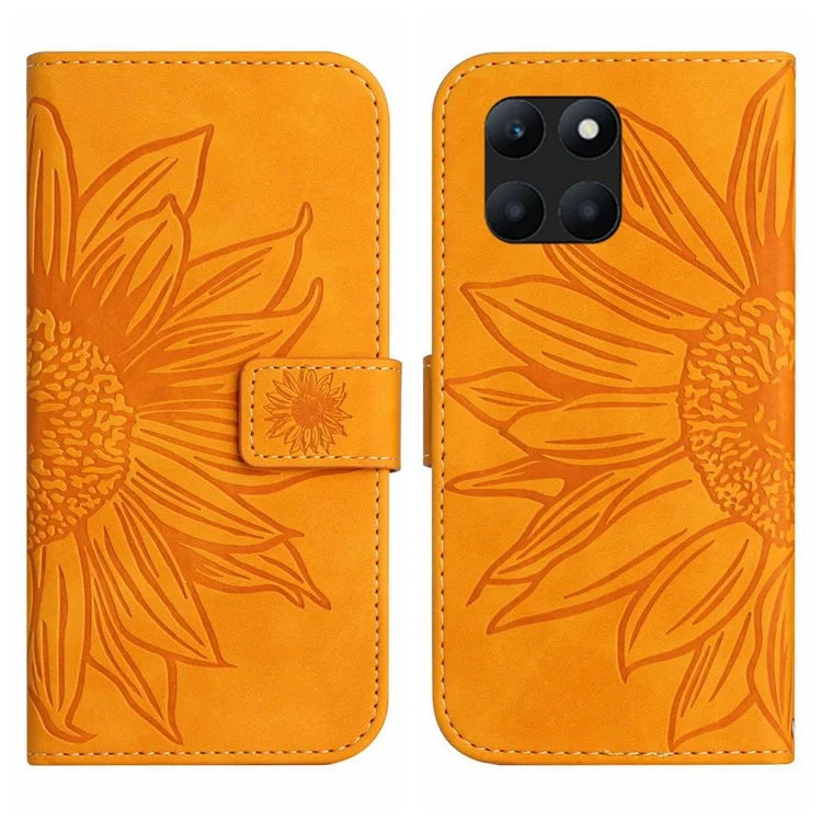 HT04 For Honor X8b 4G Magnetic Phone Case Sunflower Imprint PU Leather Wallet Cover