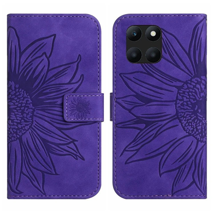 HT04 For Honor X8b 4G Magnetic Phone Case Sunflower Imprint PU Leather Wallet Cover