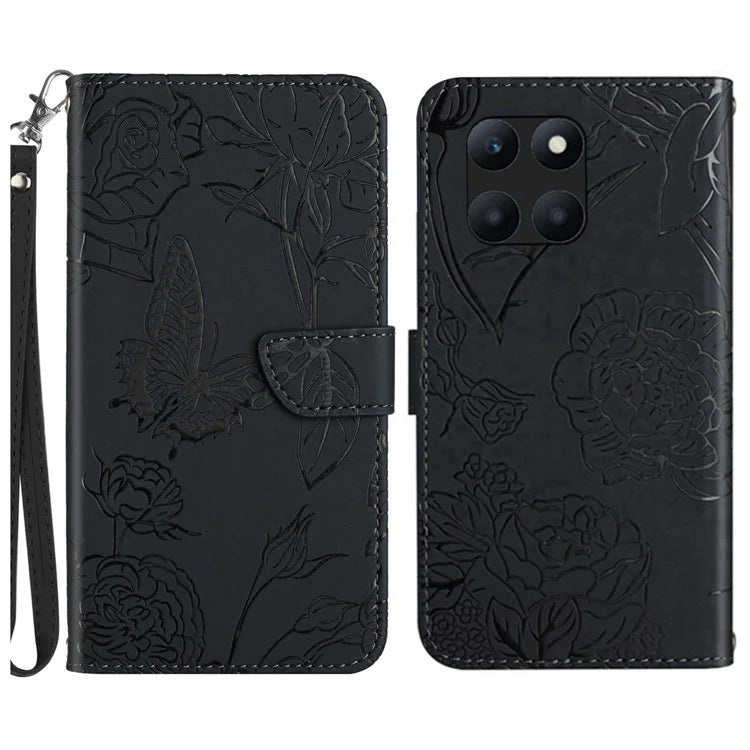 HT03 For Honor X8b 4G Wallet Case Leather Skin-touch Phone Cover with Hand Strap