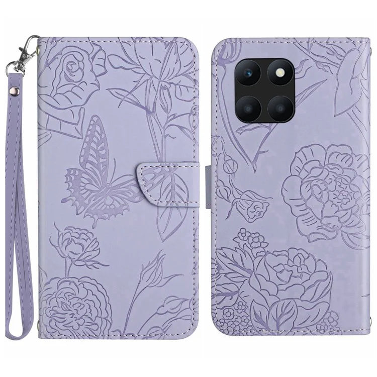 HT03 For Honor X8b 4G Wallet Case Leather Skin-touch Phone Cover with Hand Strap