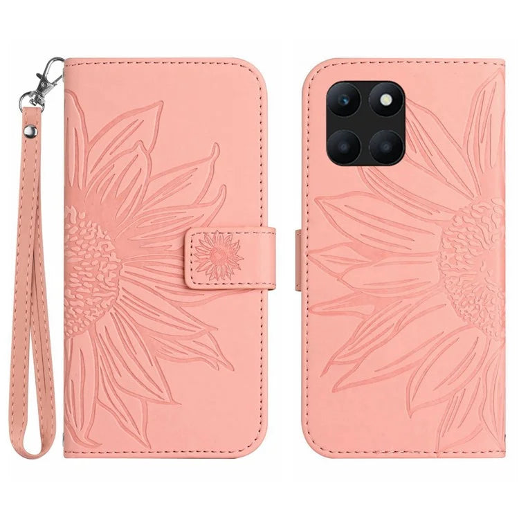 HT04 For Honor X8b 4G PU Leather Phone Case Wrist Strap Sunflower Pattern Cover