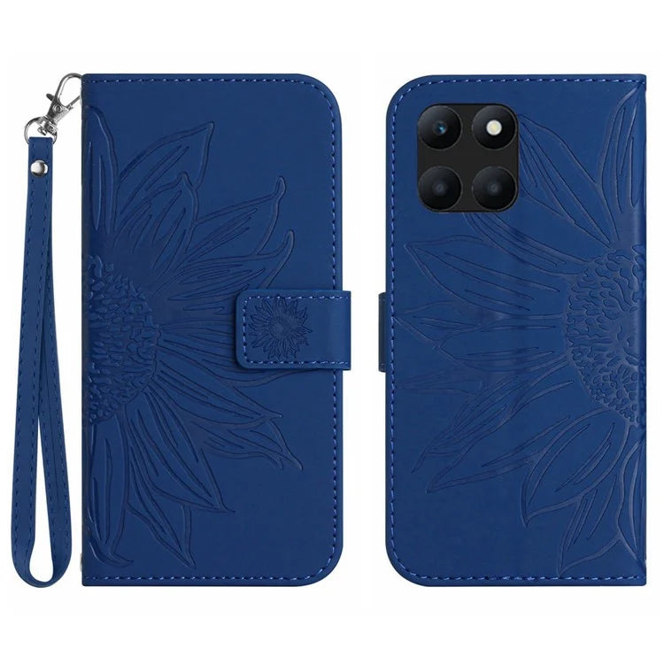 HT04 For Honor X8b 4G PU Leather Phone Case Wrist Strap Sunflower Pattern Cover