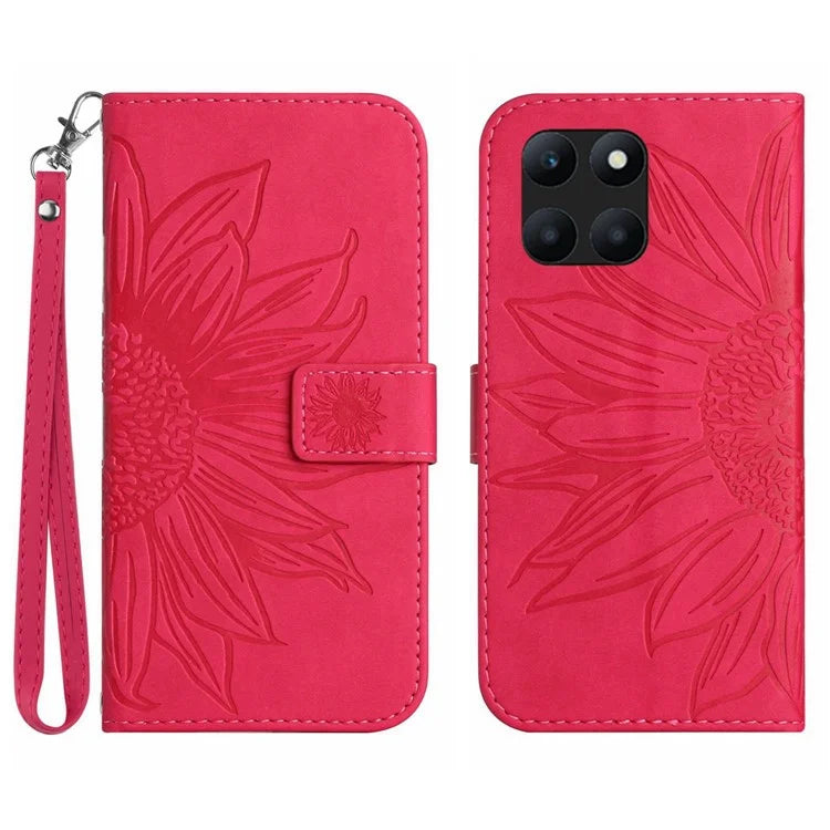 HT04 For Honor X8b 4G PU Leather Phone Case Wrist Strap Sunflower Pattern Cover