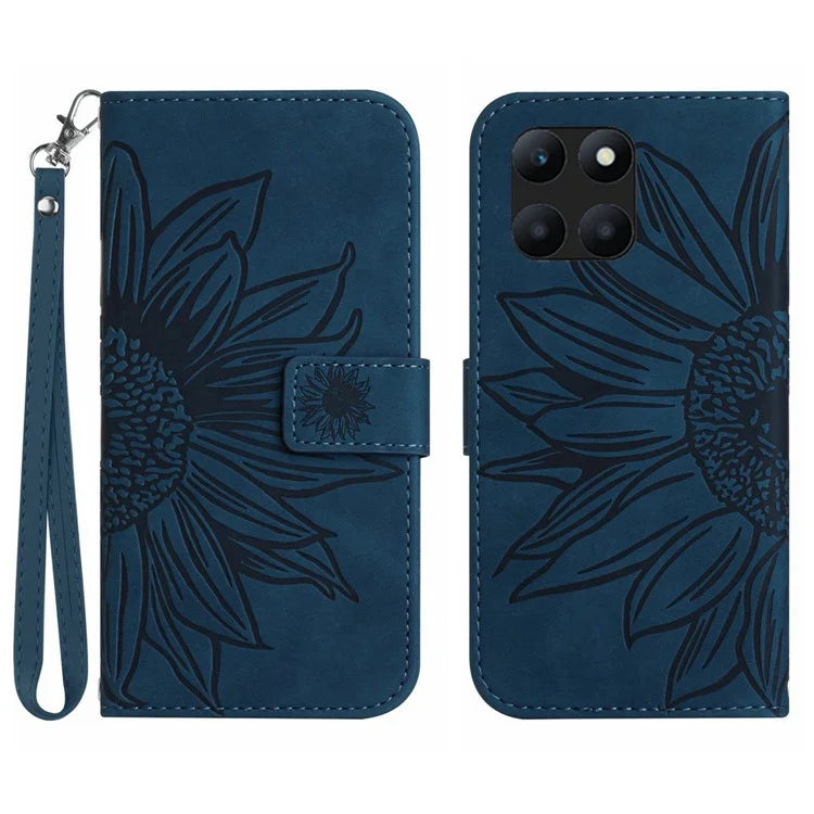 HT04 For Honor X8b 4G PU Leather Phone Case Wrist Strap Sunflower Pattern Cover