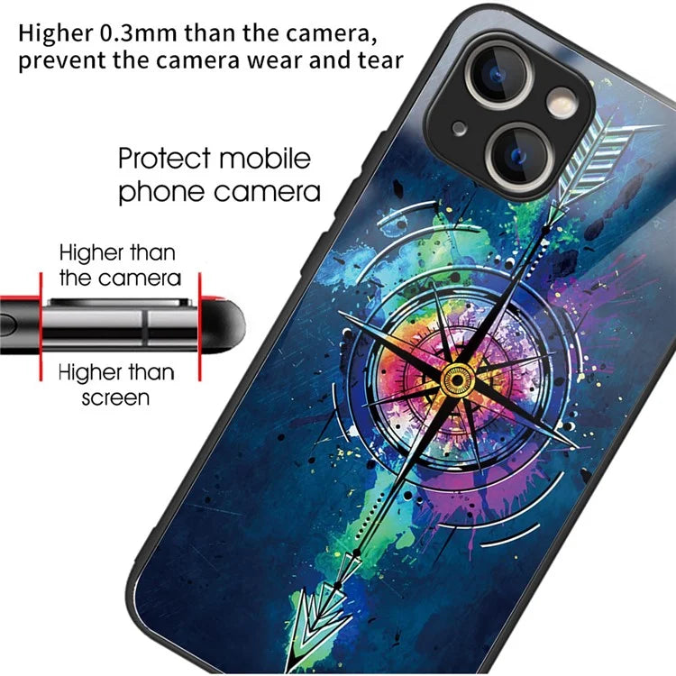 For iPhone 15 Plus Tempered Glass Phone Case Shockproof Pattern Printed Cover