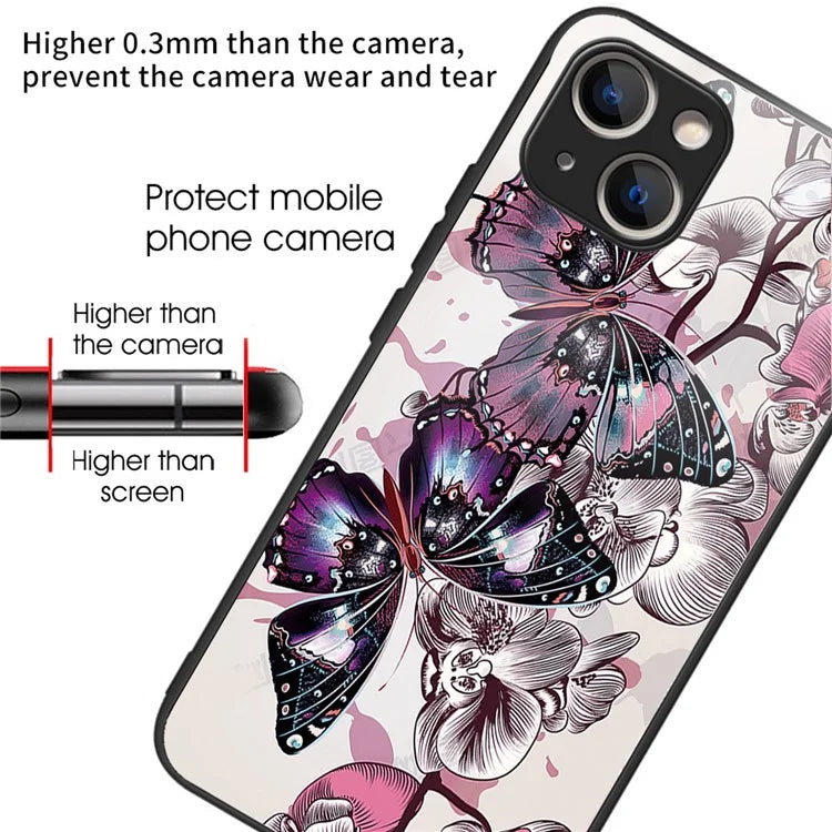 For iPhone 15 Plus Tempered Glass Phone Case Shockproof Pattern Printed Cover