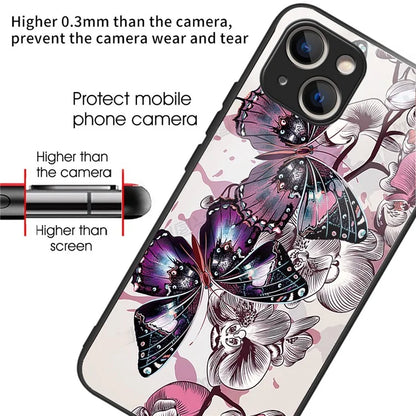 For iPhone 15 Plus Tempered Glass Phone Case Shockproof Pattern Printed Cover