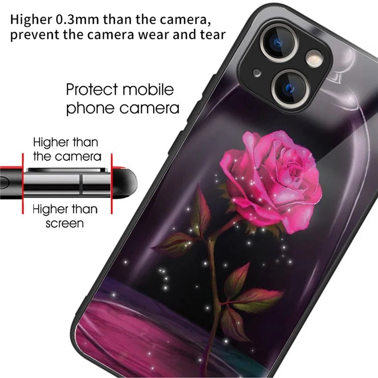 For iPhone 15 Plus Tempered Glass Phone Case Shockproof Pattern Printed Cover