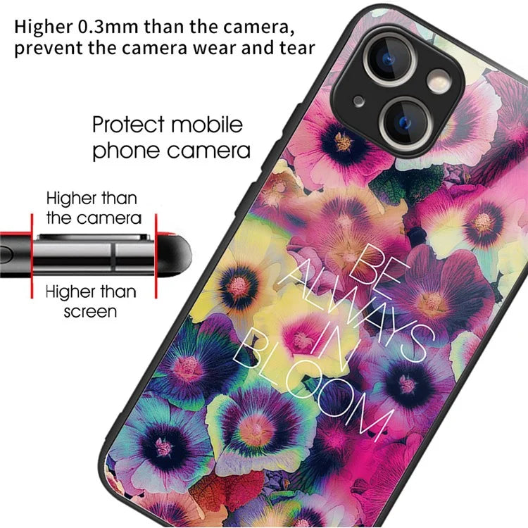 For iPhone 15 Plus Tempered Glass Phone Case Shockproof Pattern Printed Cover