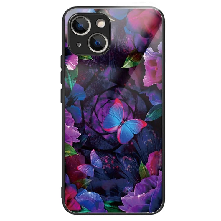 For iPhone 15 Plus Tempered Glass Phone Case Shockproof Pattern Printed Cover