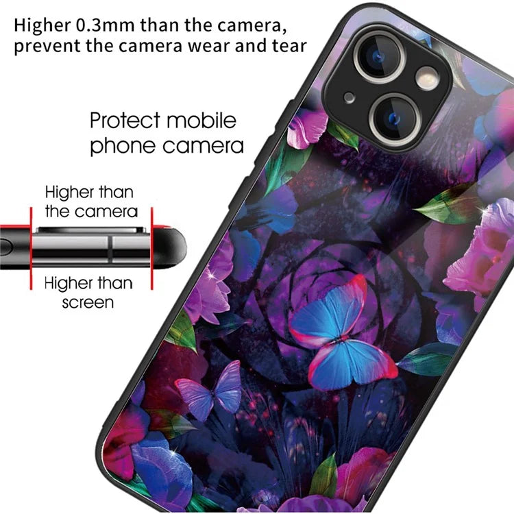 For iPhone 15 Plus Tempered Glass Phone Case Shockproof Pattern Printed Cover