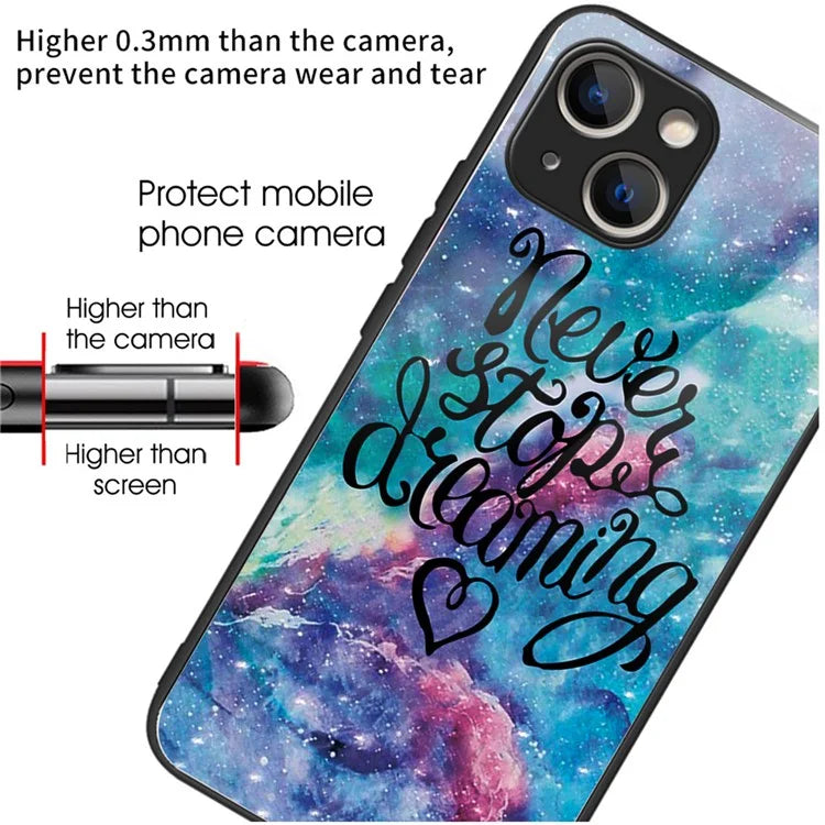 For iPhone 15 Plus Tempered Glass Phone Case Shockproof Pattern Printed Cover