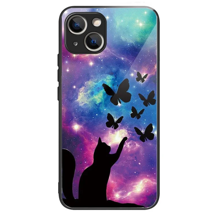 For iPhone 15 Plus Tempered Glass Phone Case Shockproof Pattern Printed Cover