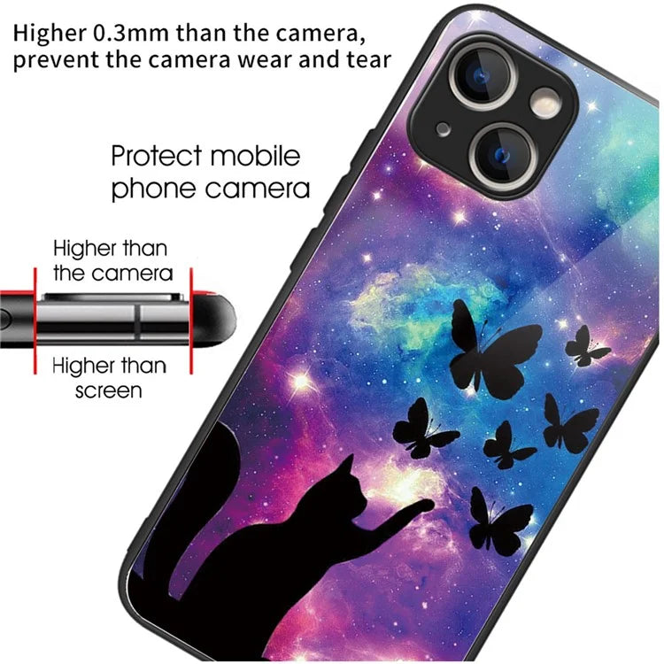 For iPhone 15 Plus Tempered Glass Phone Case Shockproof Pattern Printed Cover