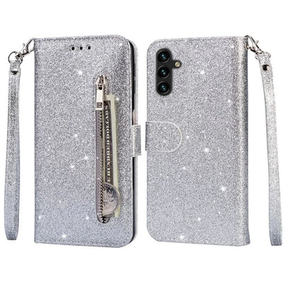 For Samsung Galaxy A55 5G Cell Phone Case Zipper Pocket Wallet Glitter Leather Drop-proof Cover