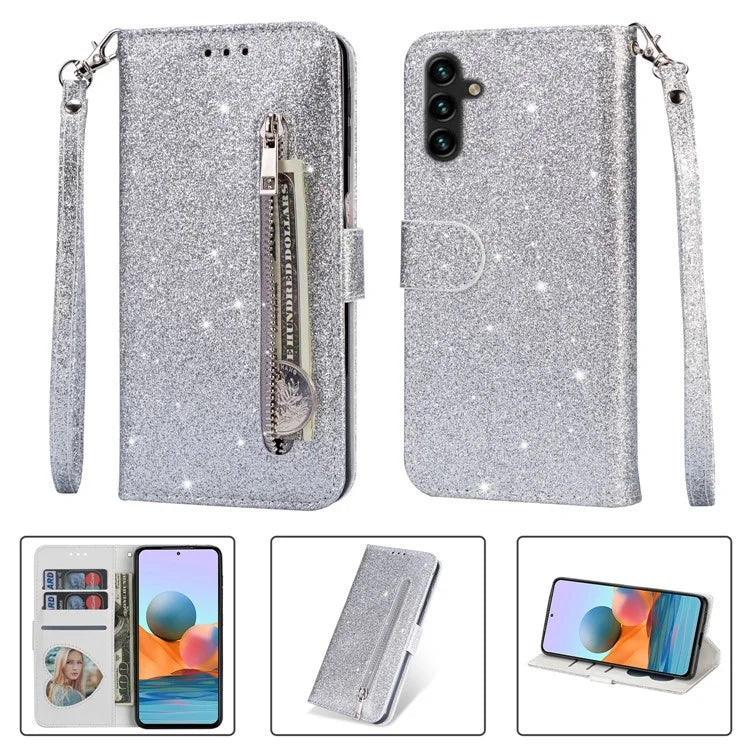 For Samsung Galaxy A55 5G Cell Phone Case Zipper Pocket Wallet Glitter Leather Drop-proof Cover