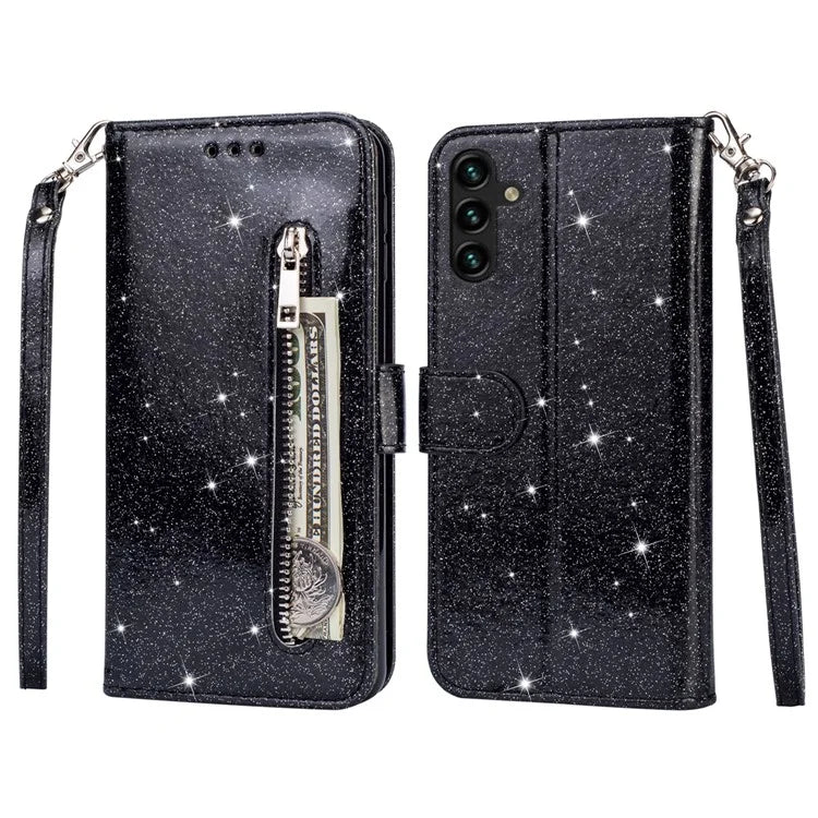 For Samsung Galaxy A55 5G Cell Phone Case Zipper Pocket Wallet Glitter Leather Drop-proof Cover