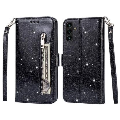 For Samsung Galaxy A55 5G Cell Phone Case Zipper Pocket Wallet Glitter Leather Drop-proof Cover