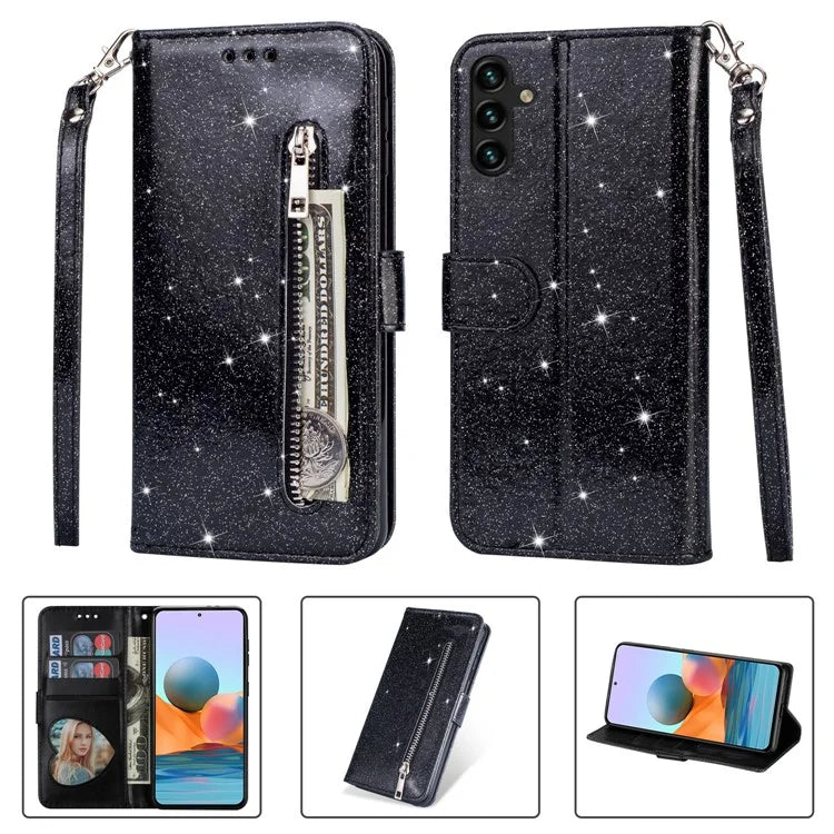 For Samsung Galaxy A55 5G Cell Phone Case Zipper Pocket Wallet Glitter Leather Drop-proof Cover