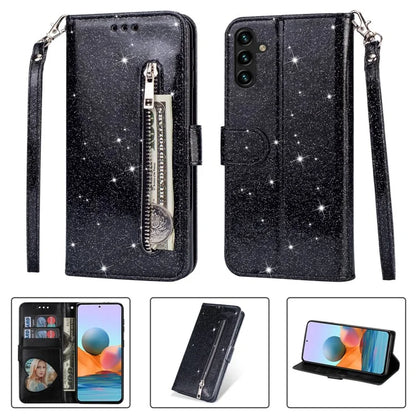 For Samsung Galaxy A55 5G Cell Phone Case Zipper Pocket Wallet Glitter Leather Drop-proof Cover