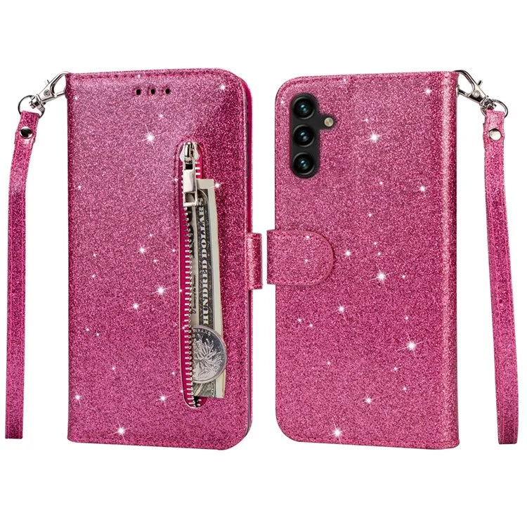 For Samsung Galaxy A55 5G Cell Phone Case Zipper Pocket Wallet Glitter Leather Drop-proof Cover