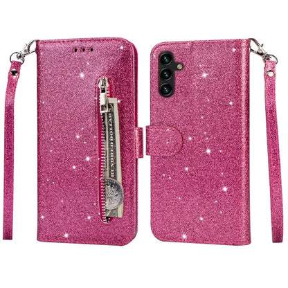 For Samsung Galaxy A55 5G Cell Phone Case Zipper Pocket Wallet Glitter Leather Drop-proof Cover