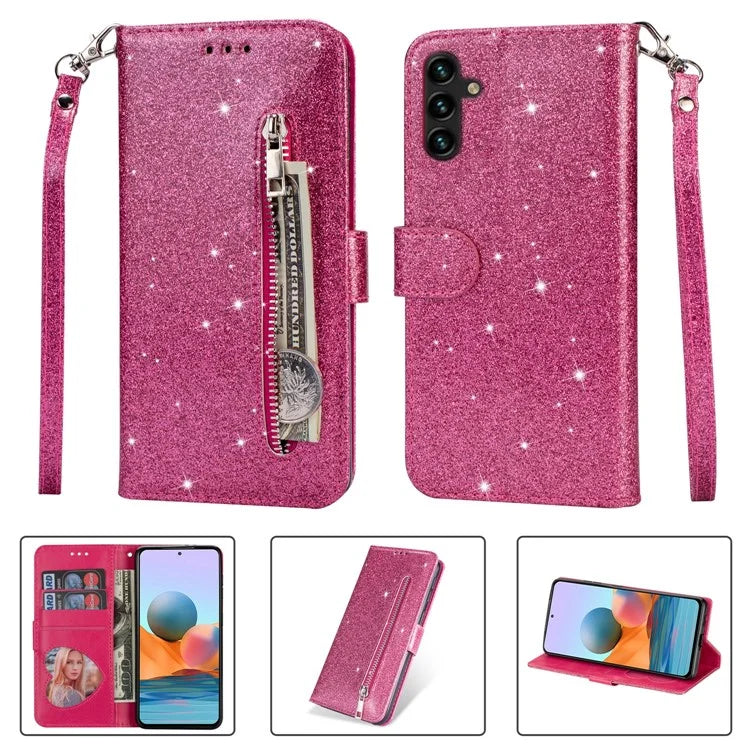 For Samsung Galaxy A55 5G Cell Phone Case Zipper Pocket Wallet Glitter Leather Drop-proof Cover