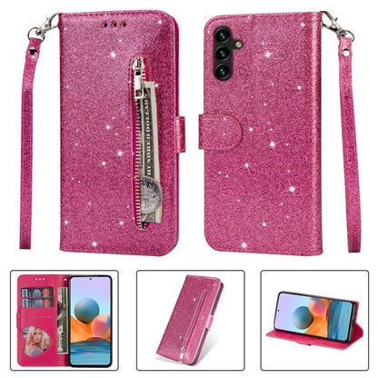 For Samsung Galaxy A55 5G Cell Phone Case Zipper Pocket Wallet Glitter Leather Drop-proof Cover