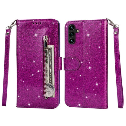 For Samsung Galaxy A55 5G Cell Phone Case Zipper Pocket Wallet Glitter Leather Drop-proof Cover