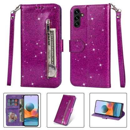 For Samsung Galaxy A55 5G Cell Phone Case Zipper Pocket Wallet Glitter Leather Drop-proof Cover