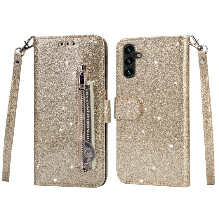 For Samsung Galaxy A55 5G Cell Phone Case Zipper Pocket Wallet Glitter Leather Drop-proof Cover