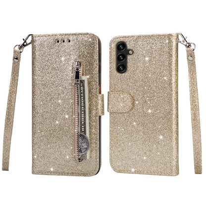For Samsung Galaxy A55 5G Cell Phone Case Zipper Pocket Wallet Glitter Leather Drop-proof Cover